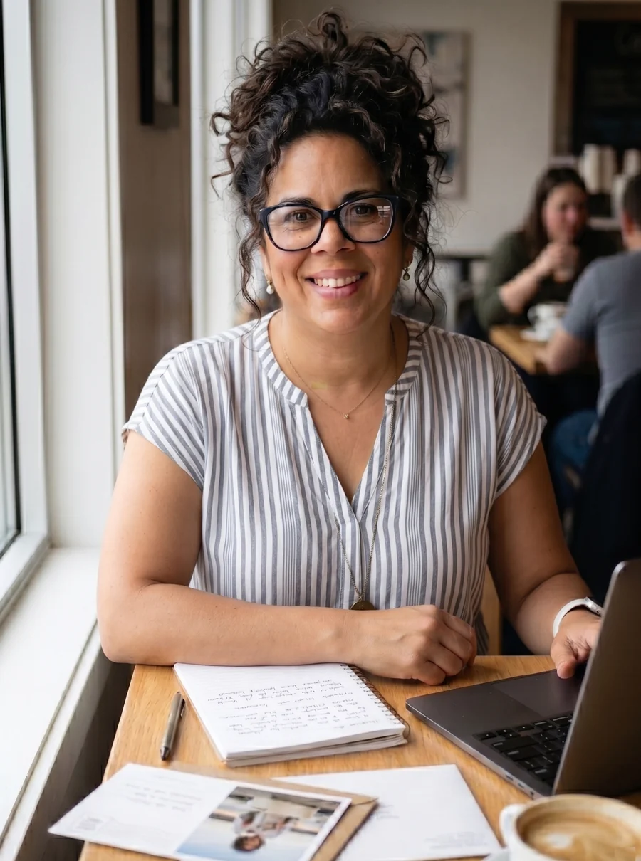 Meesha, founder of Mailbox Commons, seated at a table with local business materials.